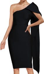UONBOX Women's One Shoulder Bowknot Long Sleeve Bodycon Knee Length Club Party Bandage Dress - Image 3